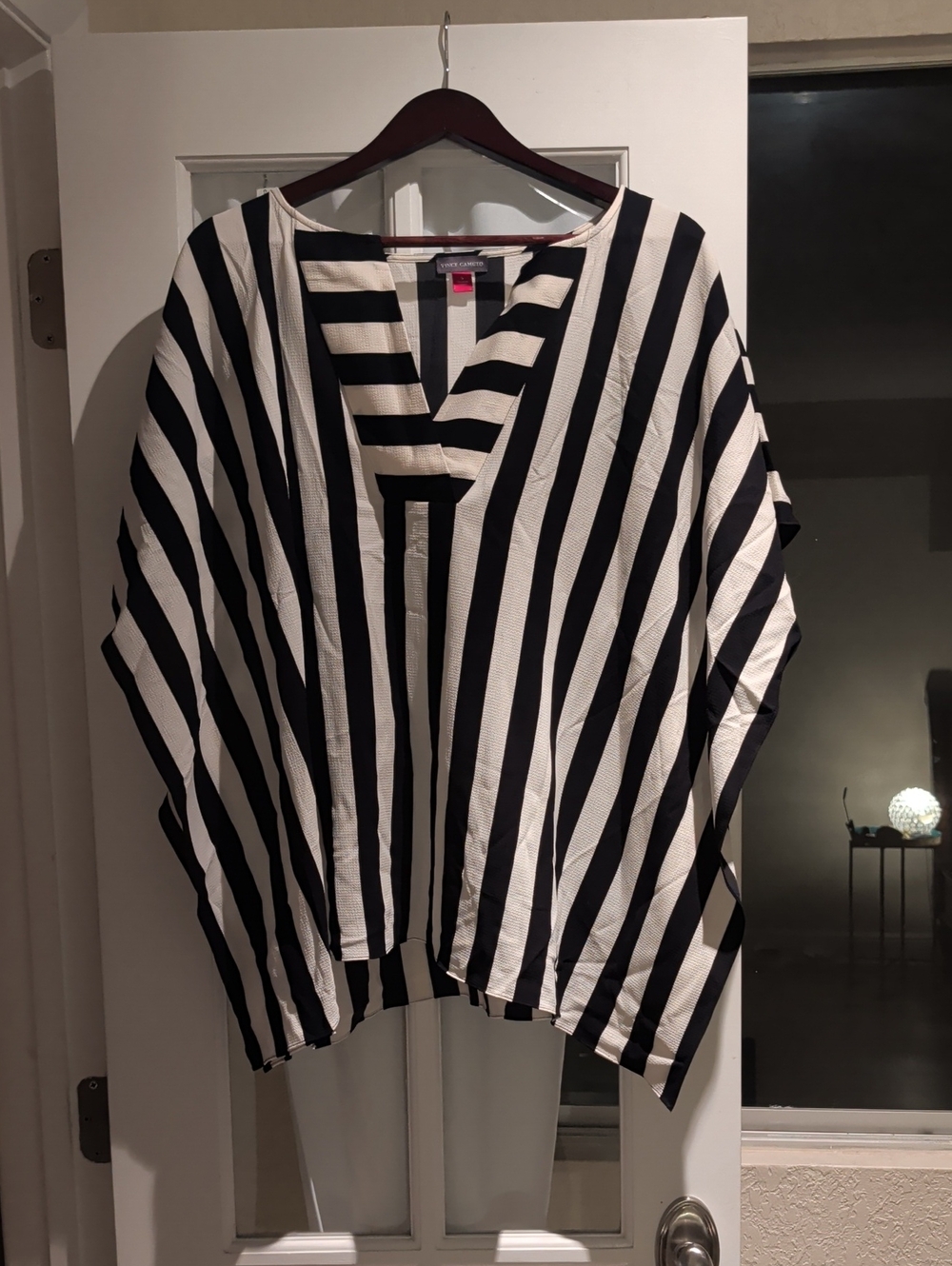 Vince Camuto Black and White Striped V-Neck Women's Top